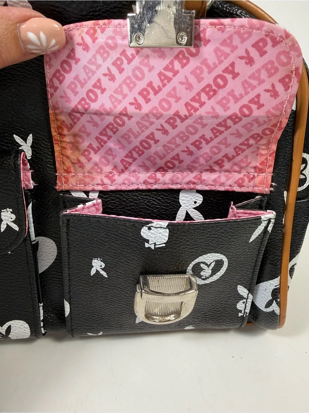 Vtg y2k Playboy Black and Tan Printed Satchel Bag pink interior - Picture 13 of 16